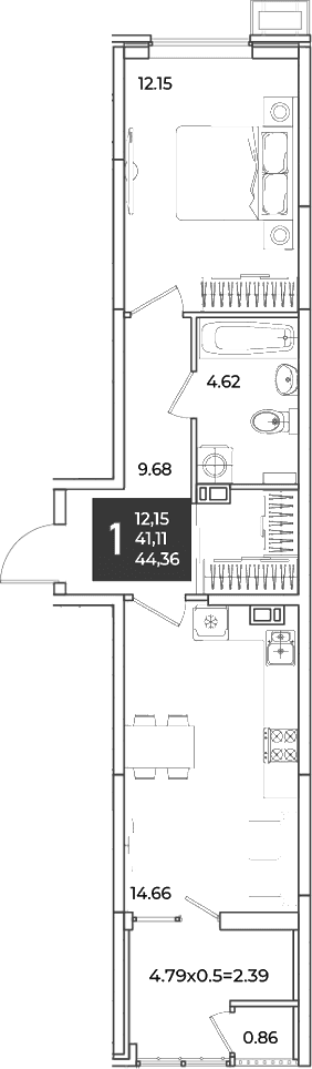 Продается 1-комн. квартира, 41.11 м²