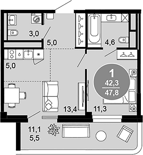 Продается 2-комн. квартира, 42.3 м²