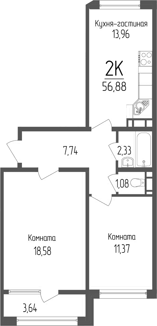 Продается 2-комн. квартира, 55.06 м²