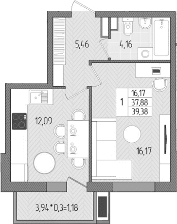 Продается 1-комн. квартира, 38.2 м²