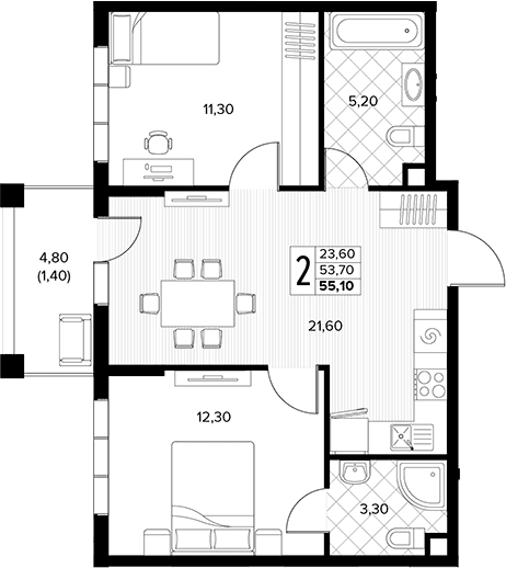 Продается 2-комн. квартира, 53.7 м²