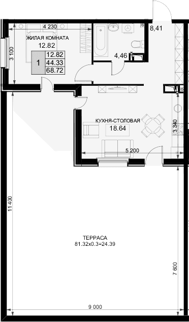 Продается 1-комн. квартира, 44.33 м²