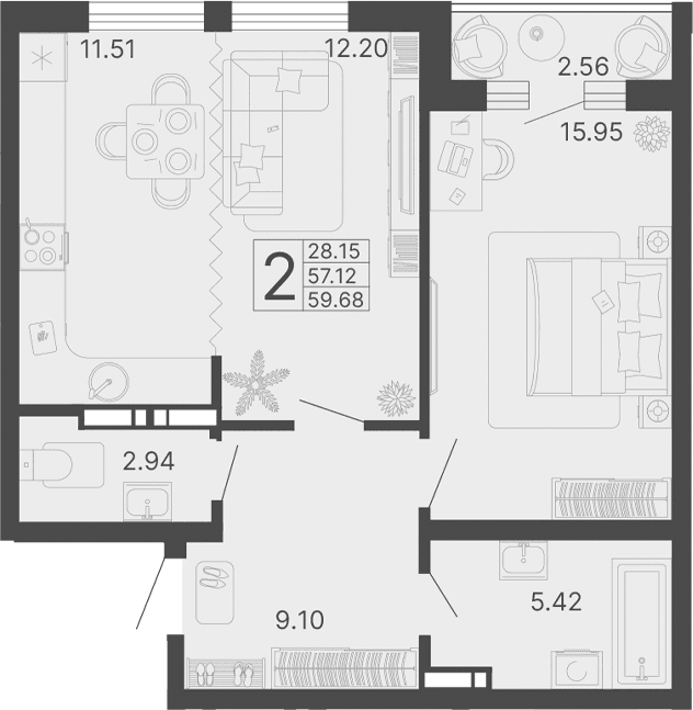 Продается 2-комн. квартира, 57.12 м²