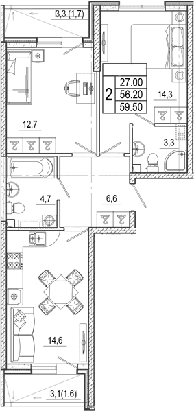 Продается 2-комн. квартира, 56.2 м²