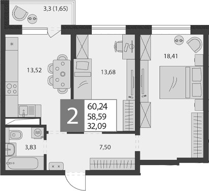 Продается 2-комн. квартира, 56.94 м²
