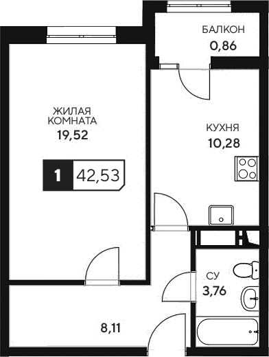 Продается 1-комн. квартира, 41.67 м²