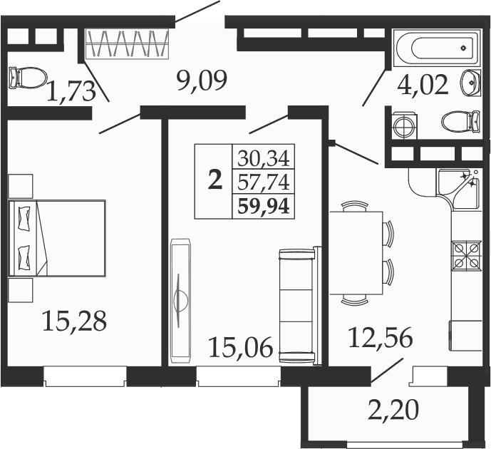 Продается 2-комн. квартира, 57.74 м²