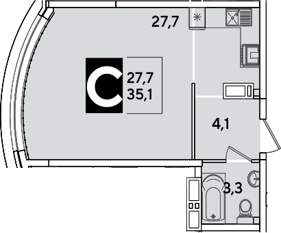 Продается 1-комн. квартира, 35.1 м²