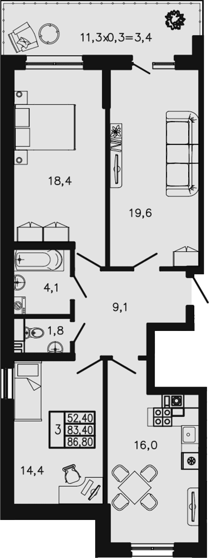 Продается 3-комн. квартира, 83.4 м²