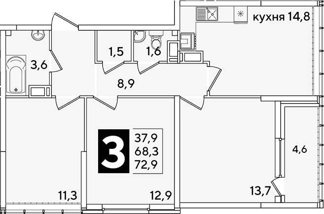 Продается 3-комн. квартира, 68.3 м²