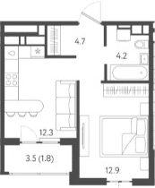Продается 1-комн. квартира, 34.1 м²