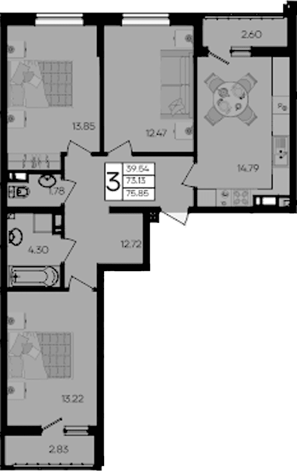 Продается 3-комн. квартира, 73.13 м²