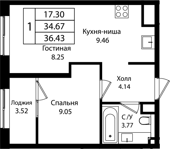 Продается 2-комн. квартира, 34.44 м²