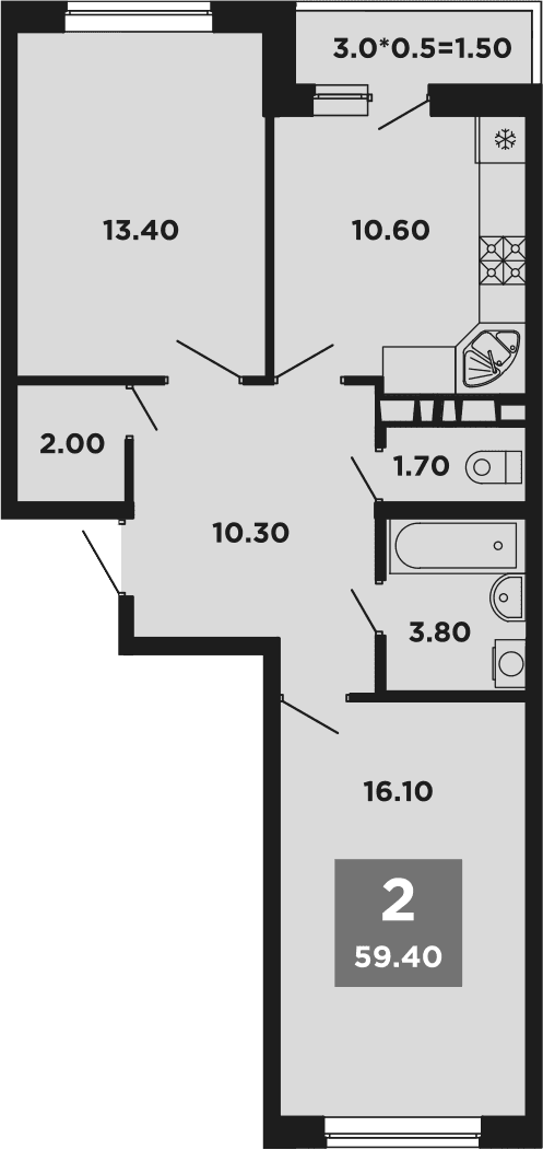 Продается 2-комн. квартира, 57.9 м²