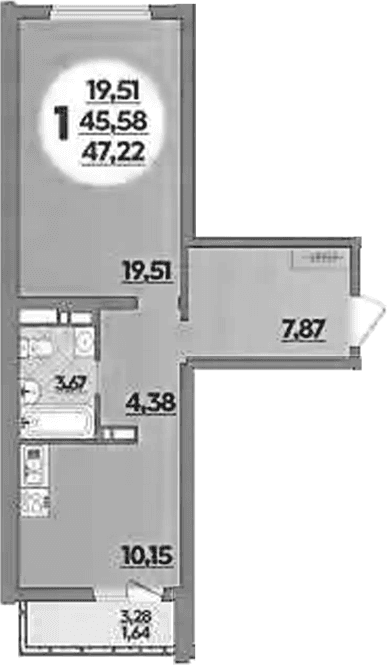 Продается 1-комн. квартира, 45.58 м²