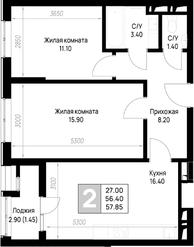 Продается 2-комн. квартира, 56.4 м²