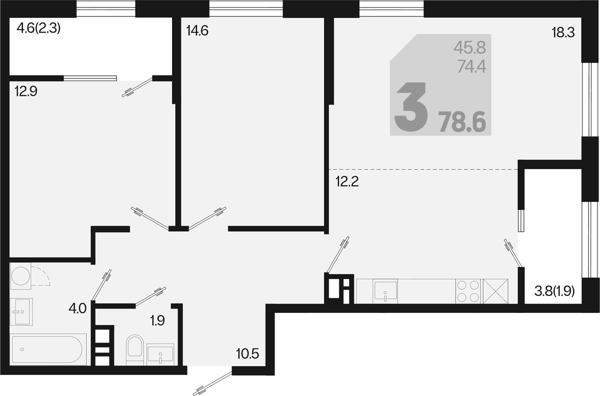 Продается 3-комн. квартира, 74.4 м²