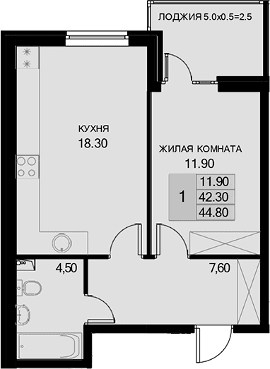 Продается 1-комн. квартира, 42.3 м²