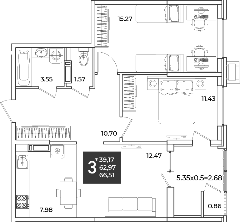 Продается 2-комн. квартира, 62.97 м²