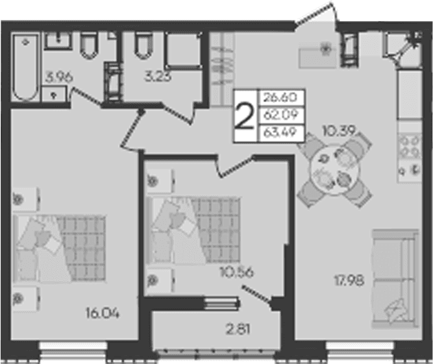 Продается 2-комн. квартира, 62.08 м²