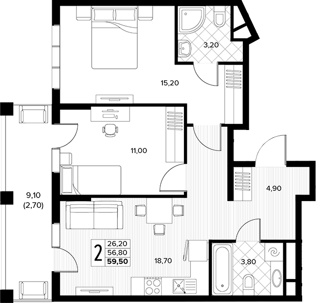 Продается 2-комн. квартира, 56.8 м²