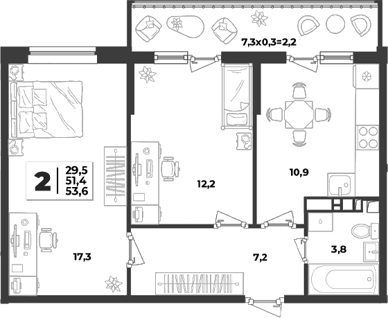 Продается 2-комн. квартира, 51.4 м²