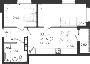 Продается 2-комн. квартира, 49.07 м²