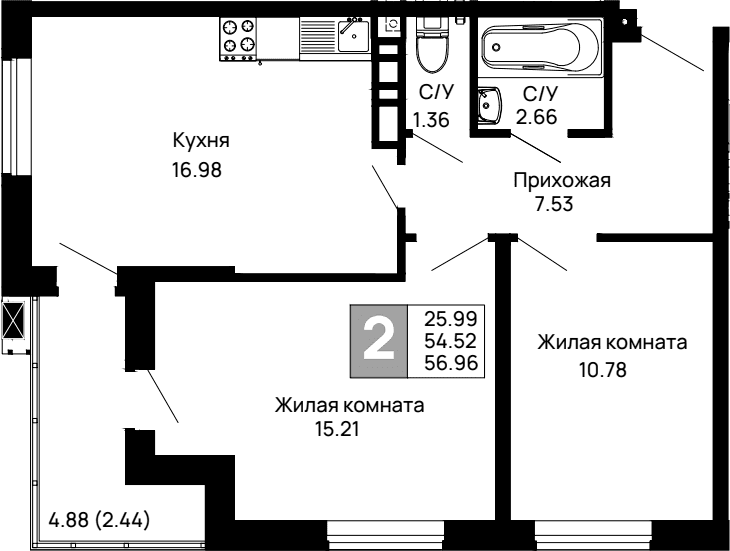 Продается 2-комн. квартира, 54.52 м²