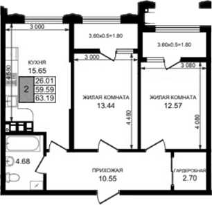 Продается 2-комн. квартира, 59.59 м²