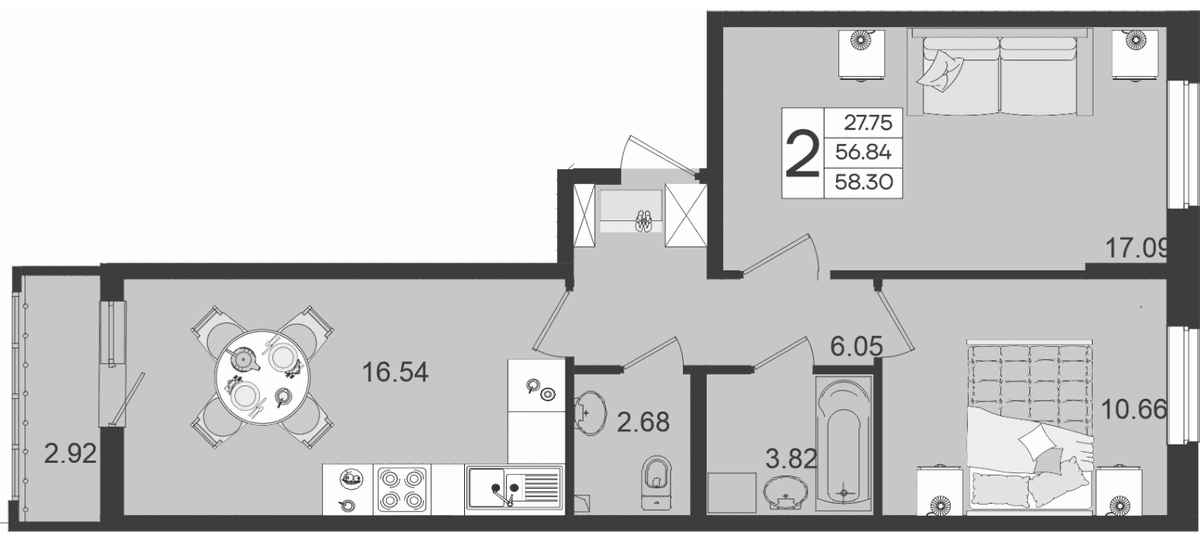 Продается 2-комн. квартира, 56.84 м²