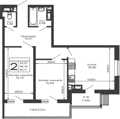 Продается 2-комн. квартира, 56.19 м²