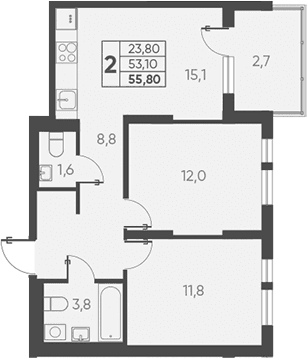 Продается 2-комн. квартира, 53.1 м²