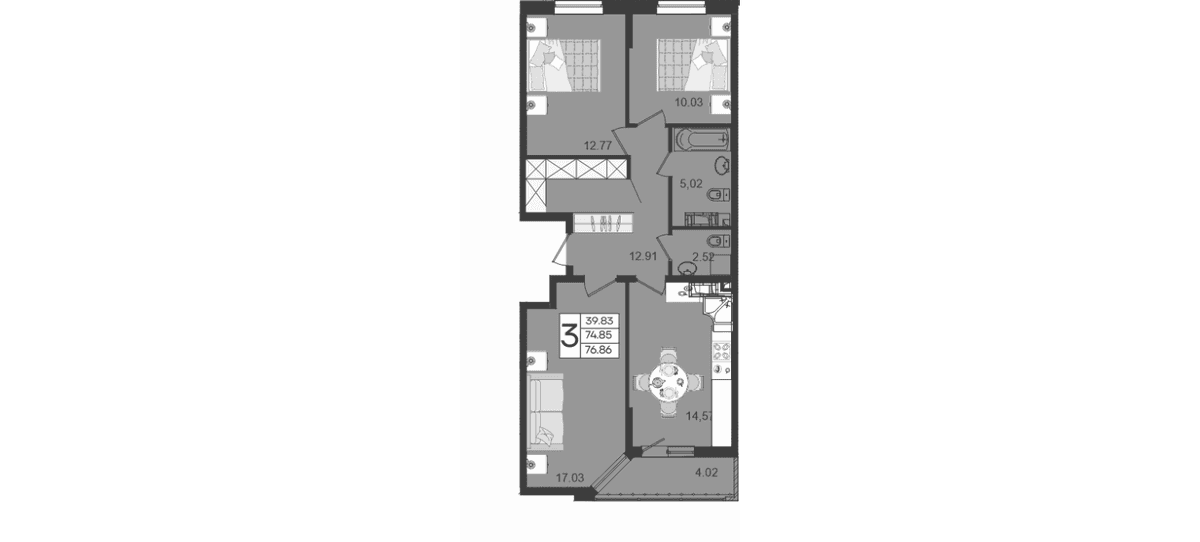 Продается 3-комн. квартира, 74.85 м²