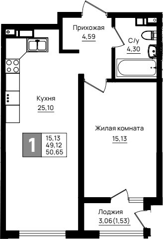 Продается 1-комн. квартира, 49.12 м²
