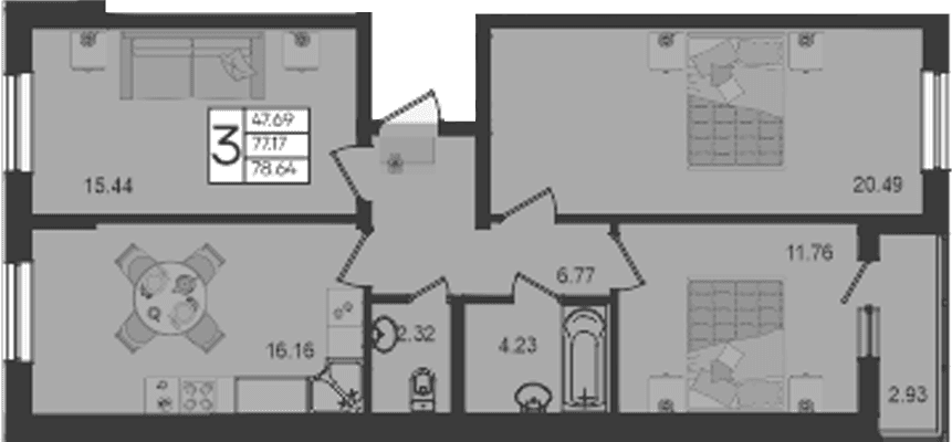 Продается 3-комн. квартира, 77.17 м²