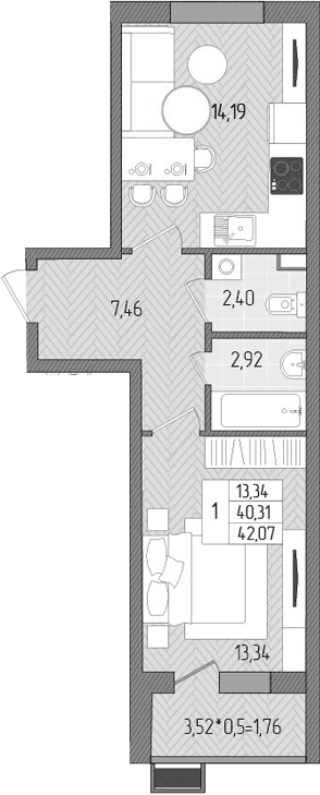 Продается 1-комн. квартира, 40.31 м²