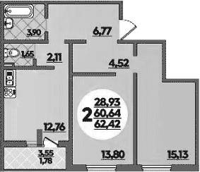 Продается 2-комн. квартира, 60.64 м²