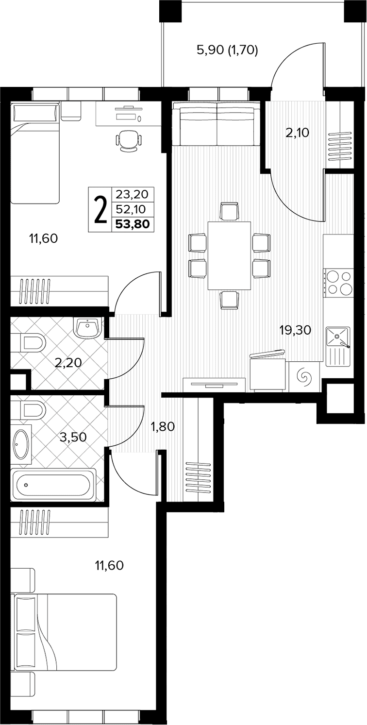 Продается 2-комн. квартира, 52.1 м²