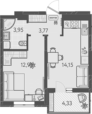 Продается 1-комн. квартира, 34.78 м²