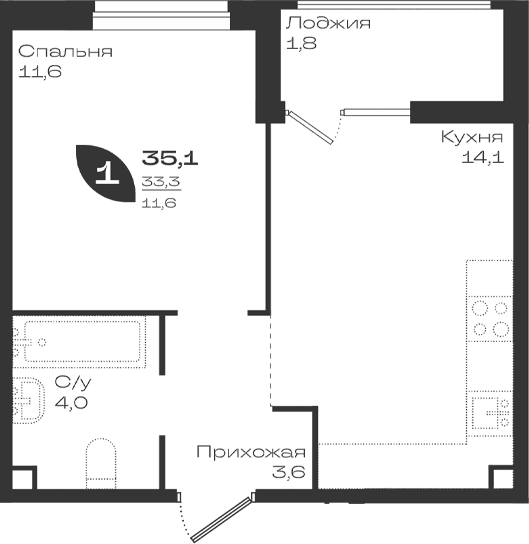 Продается 1-комн. квартира, 33.3 м²