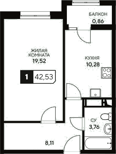 Продается 1-комн. квартира, 41.67 м²