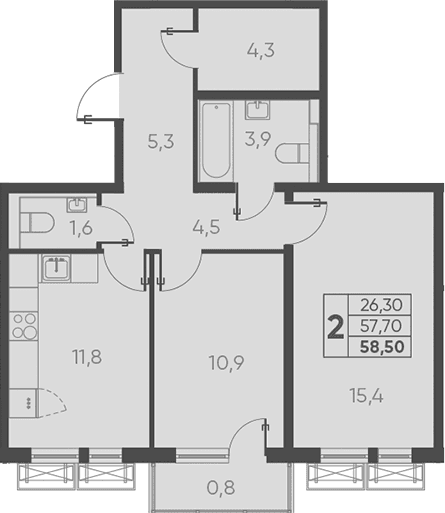 Продается 2-комн. квартира, 59.57 м²