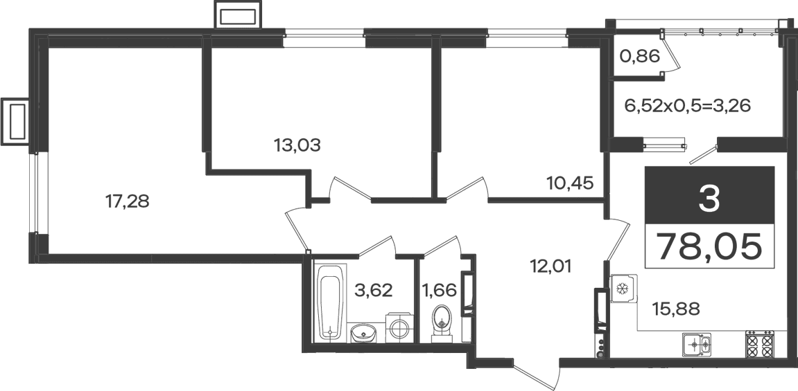 Продается 3-комн. квартира, 73.93 м²