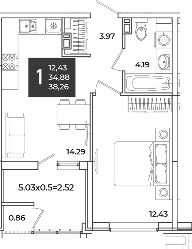 Продается 1-комн. квартира, 34.88 м²