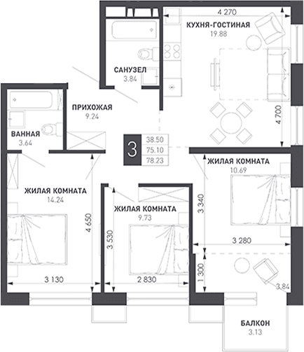 Продается 3-комн. квартира, 77.57 м²