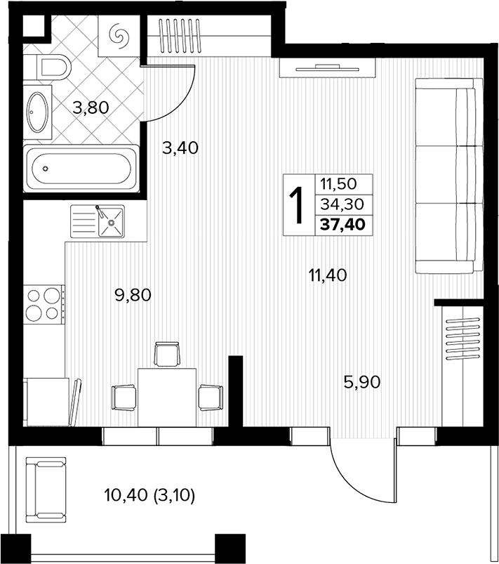 Продается 1-комн. квартира, 34.3 м²