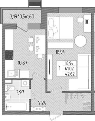 Продается 1-комн. квартира, 41.02 м²