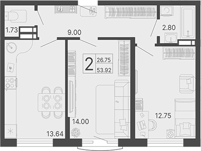 Продается 2-комн. квартира, 53.92 м²