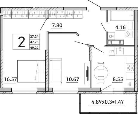 Продается 2-комн. квартира, 47.75 м²