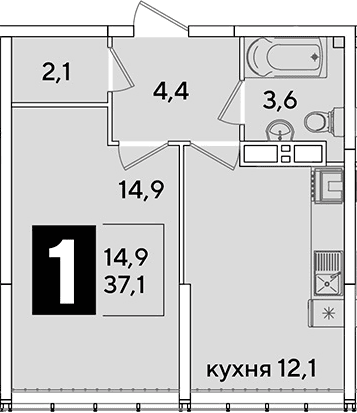 Продается 1-комн. квартира, 37.1 м²